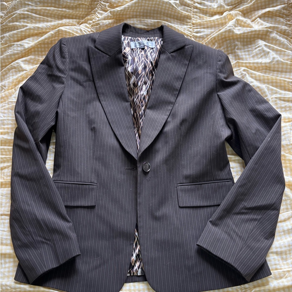 Brown pinstriped pant suit women’s
